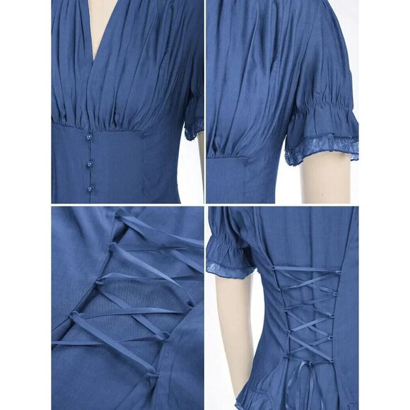 SCARLET DARKNESS Victorian Pleated Shirt Lace Up Work Blouse SKU: SLE02136-2 M - Picture 5 of 7